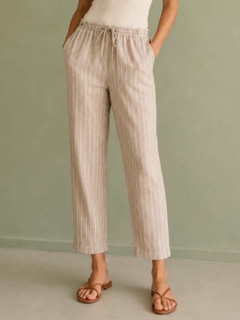 H&M Linen Cotton Blend Pull-On Striped Pants Beige White Coastal Minimalist XS